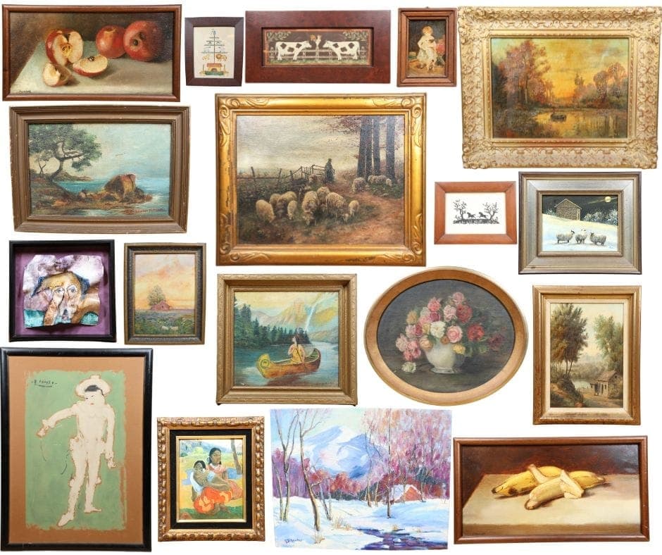 Gallery wall of vintage paintings from a past Black Dog estate sale